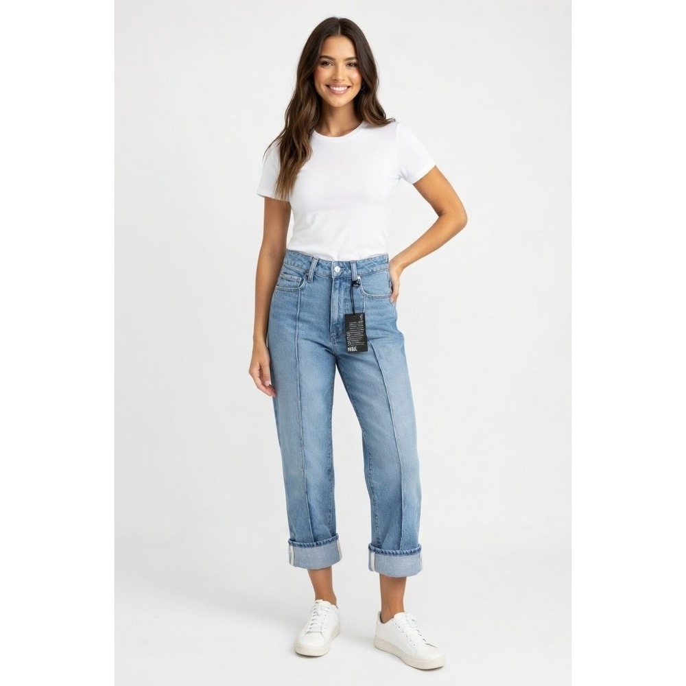 Paige Jeans Womens 23 Blue Noella High Rise Straight Leg Denim Pink Tuck Rollcuf